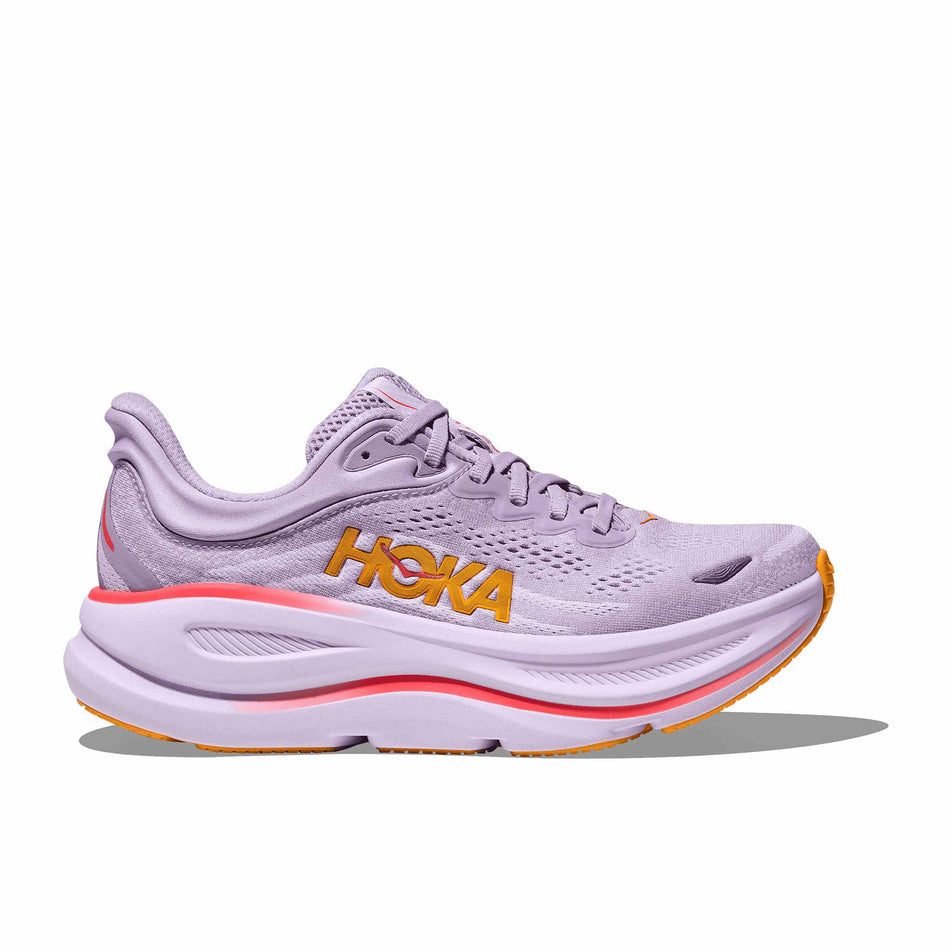 Lateral side of the right shoe from a pair of HOKA Women's Bondi 9 Running Shoes in the Aster Flower/Starlight Glow colourway. (8569210536098)