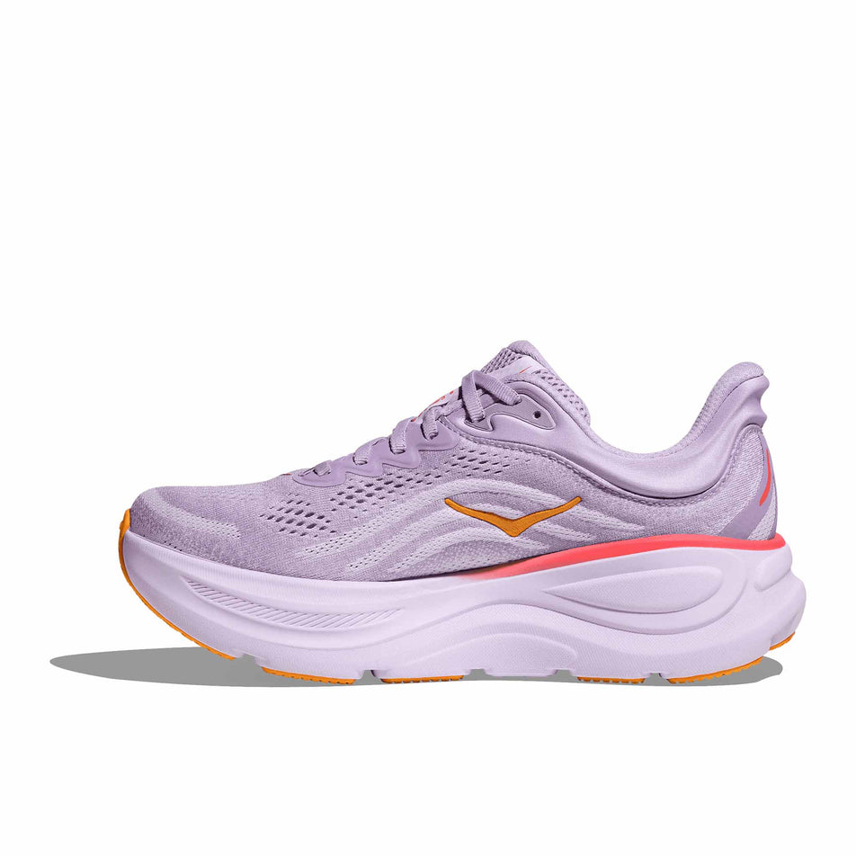 Medial side of the right shoe from a pair of HOKA Women's Bondi 9 Running Shoes in the Aster Flower/Starlight Glow colourway. (8569210536098)