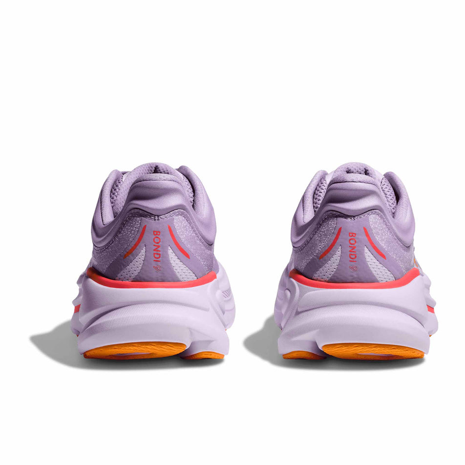 The back of a pair of HOKA Women's Bondi 9 Running Shoes in the Aster Flower/Starlight Glow colourway. (8569210536098)