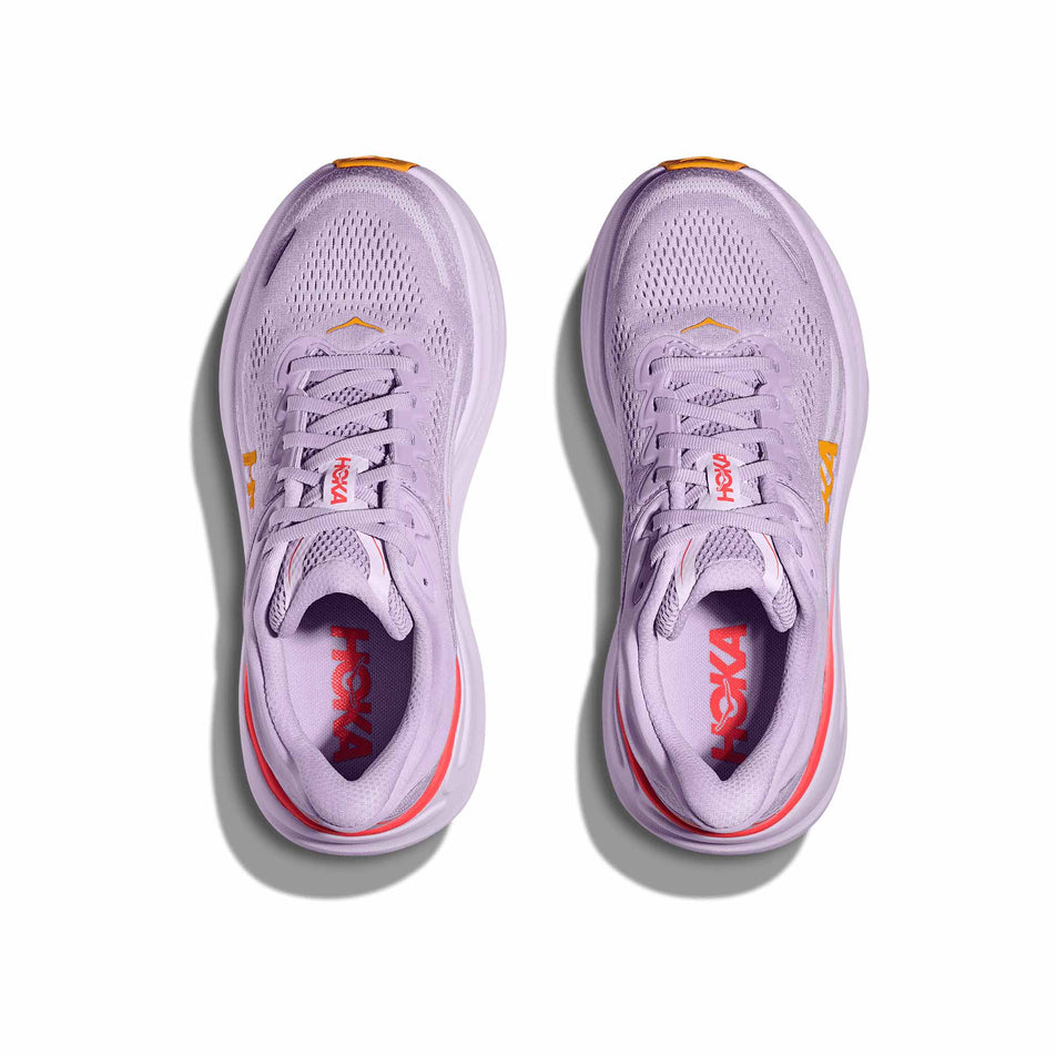 The uppers on a pair of HOKA Women's Bondi 9 Running Shoes in the Aster Flower/Starlight Glow colourway. (8569210536098)