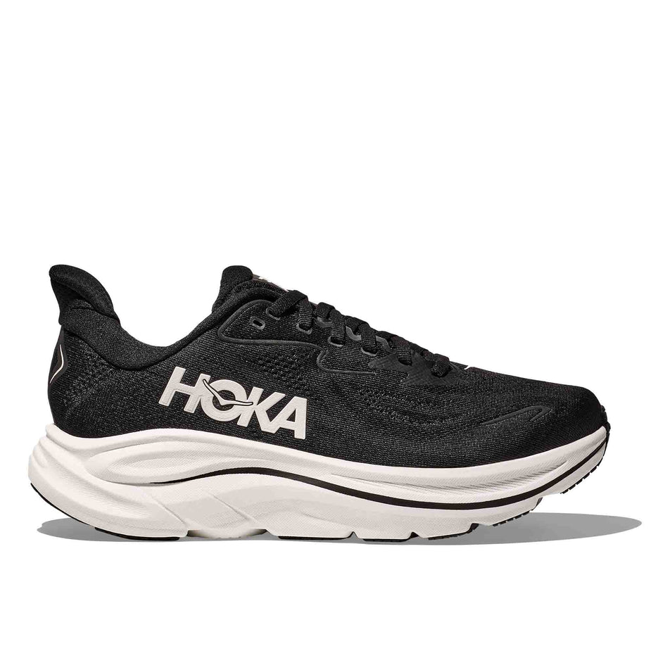 Lateral view of the right shoe from a pair of HOKA Men's Clifton 10 Running Shoes in the Black/White colourway. (8637695066274)