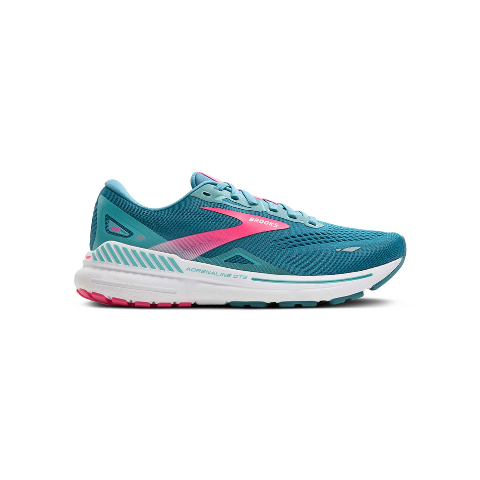 Lateral side of the right shoe from a pair of Brooks Women's Adrenaline GTS 23 Running Shoes in the Storm Blue/Pink/Aqua colourway. (8339228590242)