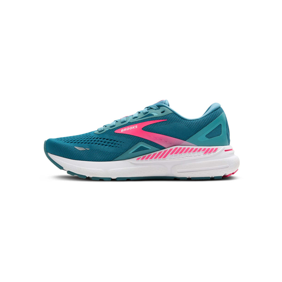 Medial side of the right shoe from a pair of Brooks Women's Adrenaline GTS 23 Running Shoes in the Storm Blue/Pink/Aqua colourway. (8339228590242)