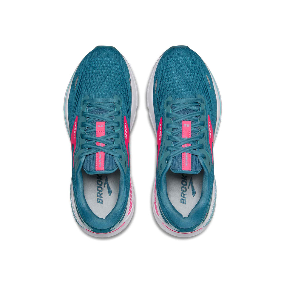 The uppers of a pair of Brooks Women's Adrenaline GTS 23 Running Shoes in the Storm Blue/Pink/Aqua colourway. (8339228590242)