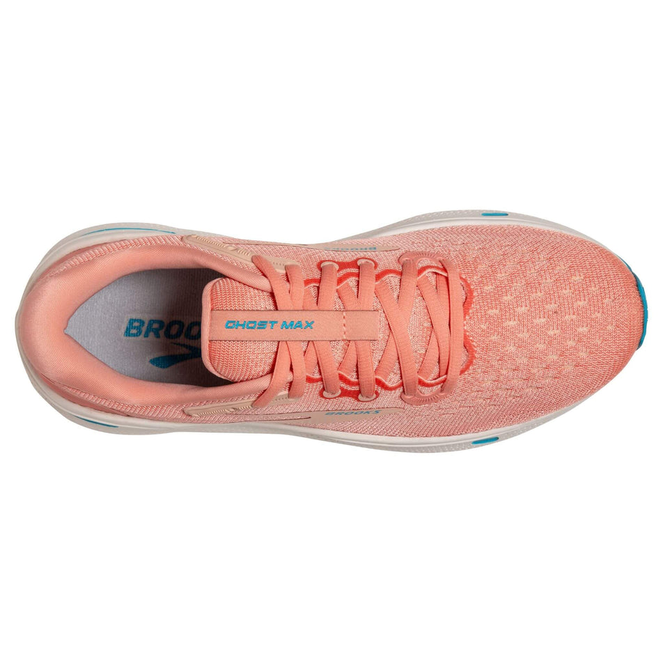 The upper on a pair of Brooks Women's Ghost Max Running Shoes in the Papaya/Apricot/Blue colourway (8400248406178)