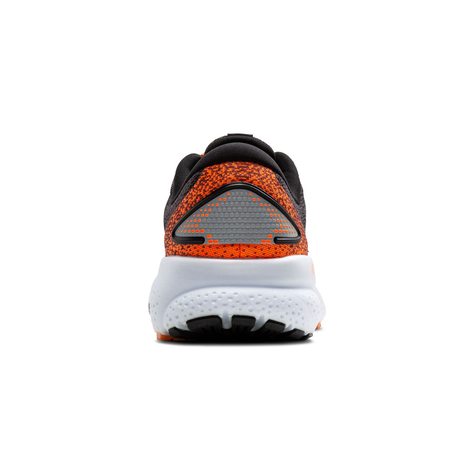 Back of the right shoe from a pair of Brooks Women's Ghost 16 Running Shoes in the Black/Orange/White colourway. (8519753826466)