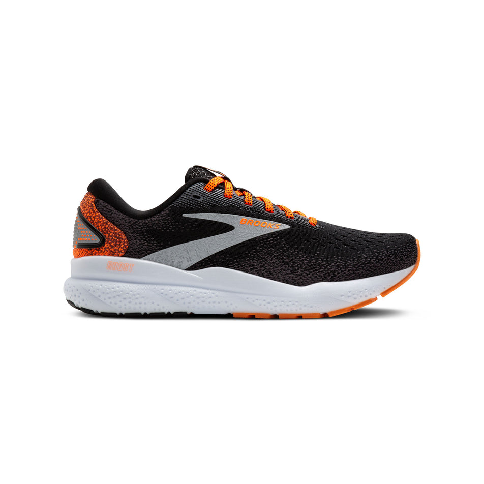 Lateral side of the right shoe from a pair of Brooks Women's Ghost 16 Running Shoes in the Black/Orange/White colourway. (8519753826466)