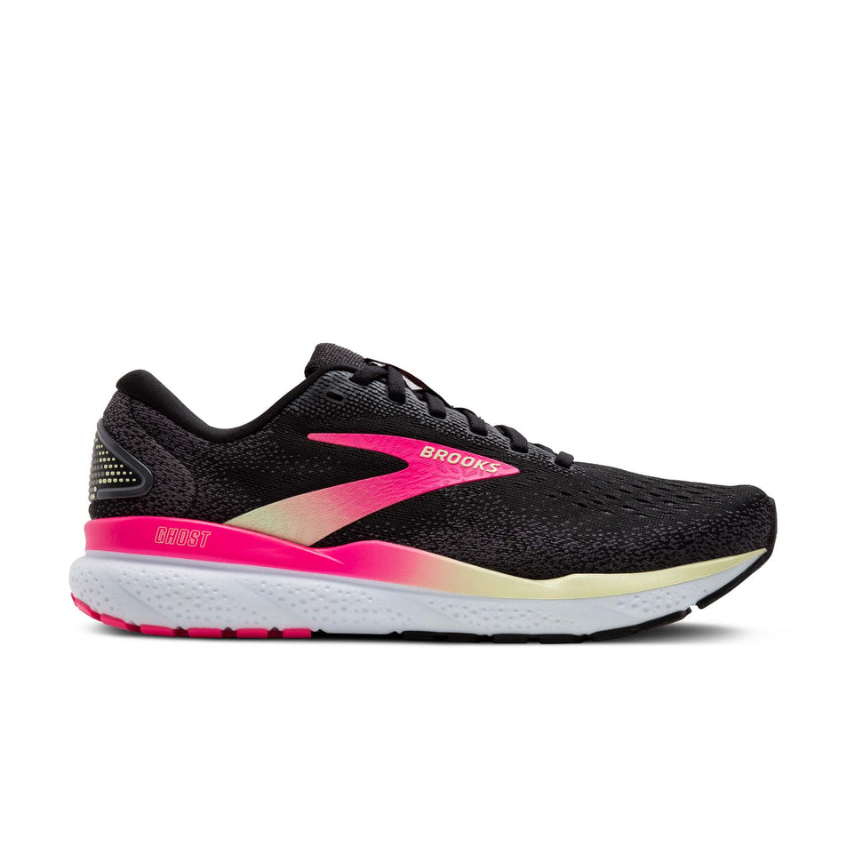 Lateral side of the right shoe from a pair of Brooks Women's Ghost 16 1D Running Shoes in the Black/Pink/Yellow colourway (8339221905570)