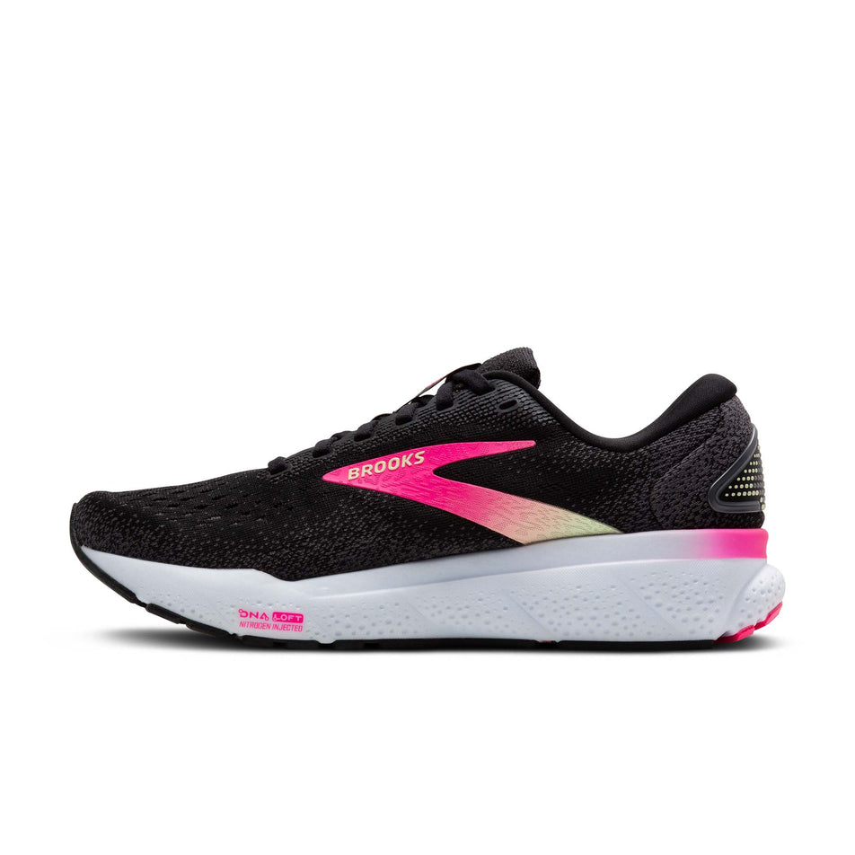 Medial side of the right shoe from a pair of Brooks Women's Ghost 16 1D Running Shoes in the Black/Pink/Yellow colourway (8339221905570)