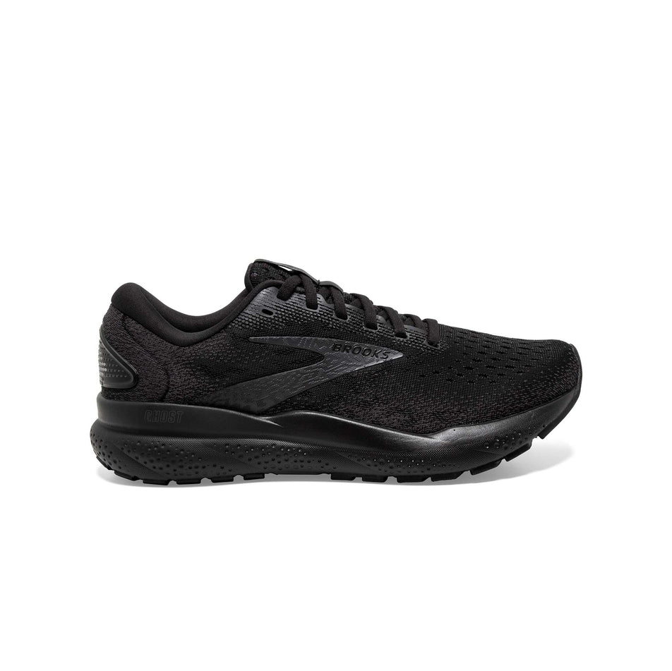 Lateral side of the right shoe from a pair of Brooks Women's Ghost 16 Running Shoes in the Black/Black/Ebony colourway (8339218890914)