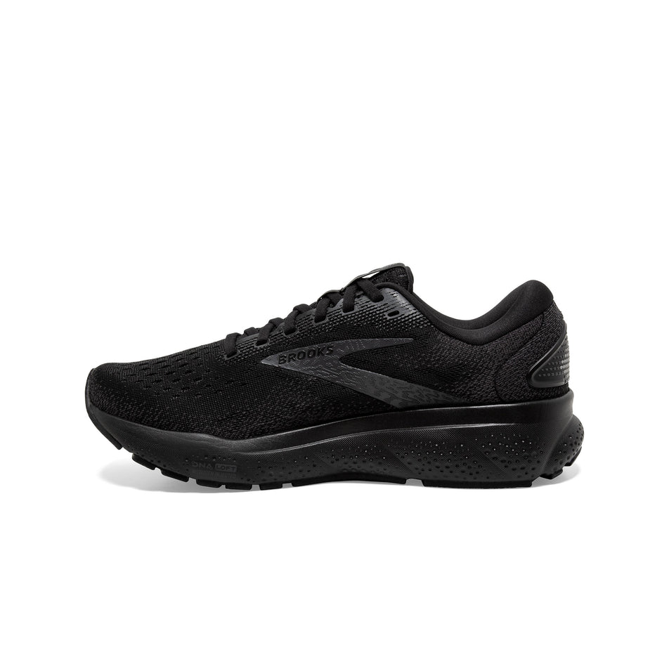 Medial side of the right shoe from a pair of Brooks Women's Ghost 16 Running Shoes in the Black/Black/Ebony colourway (8339218890914)