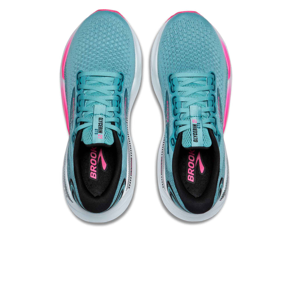 The uppers on a pair of Brooks Women's Glycerin GTS 21 Running Shoes in the Moroccan Blue/Aqua/Pink colourway. (8339232882850)