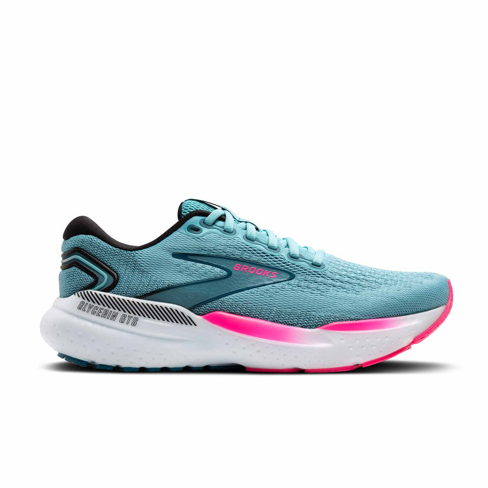 Lateral side of the right shoe from a pair of Brooks Women's Glycerin GTS 21 Running Shoes in the Moroccan Blue/Aqua/Pink colourway. (8339232882850)