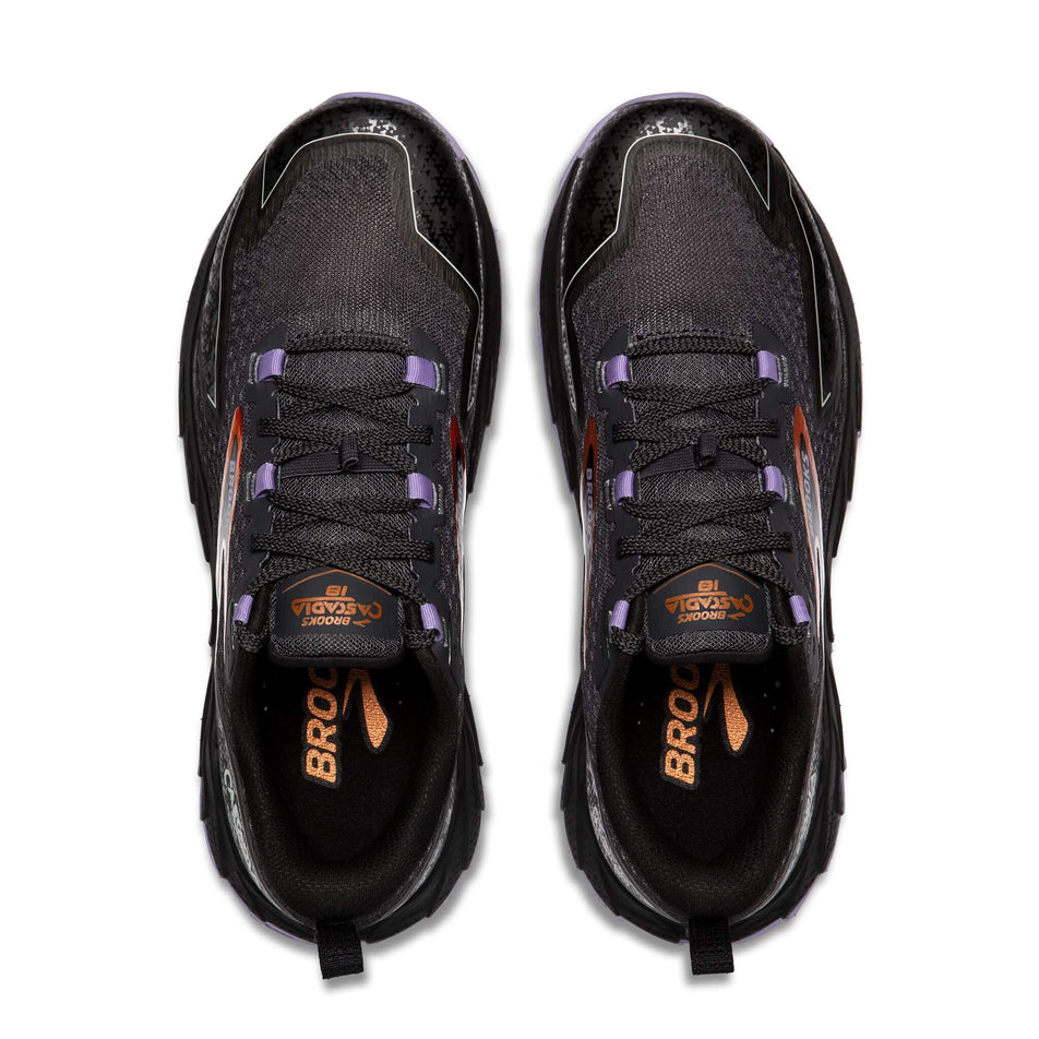 The uppers on a pair of Brooks Women's Cascadia 18 Running Shoes in the Ebony/Sweet Lavender/Copper colourway (8406896476322)