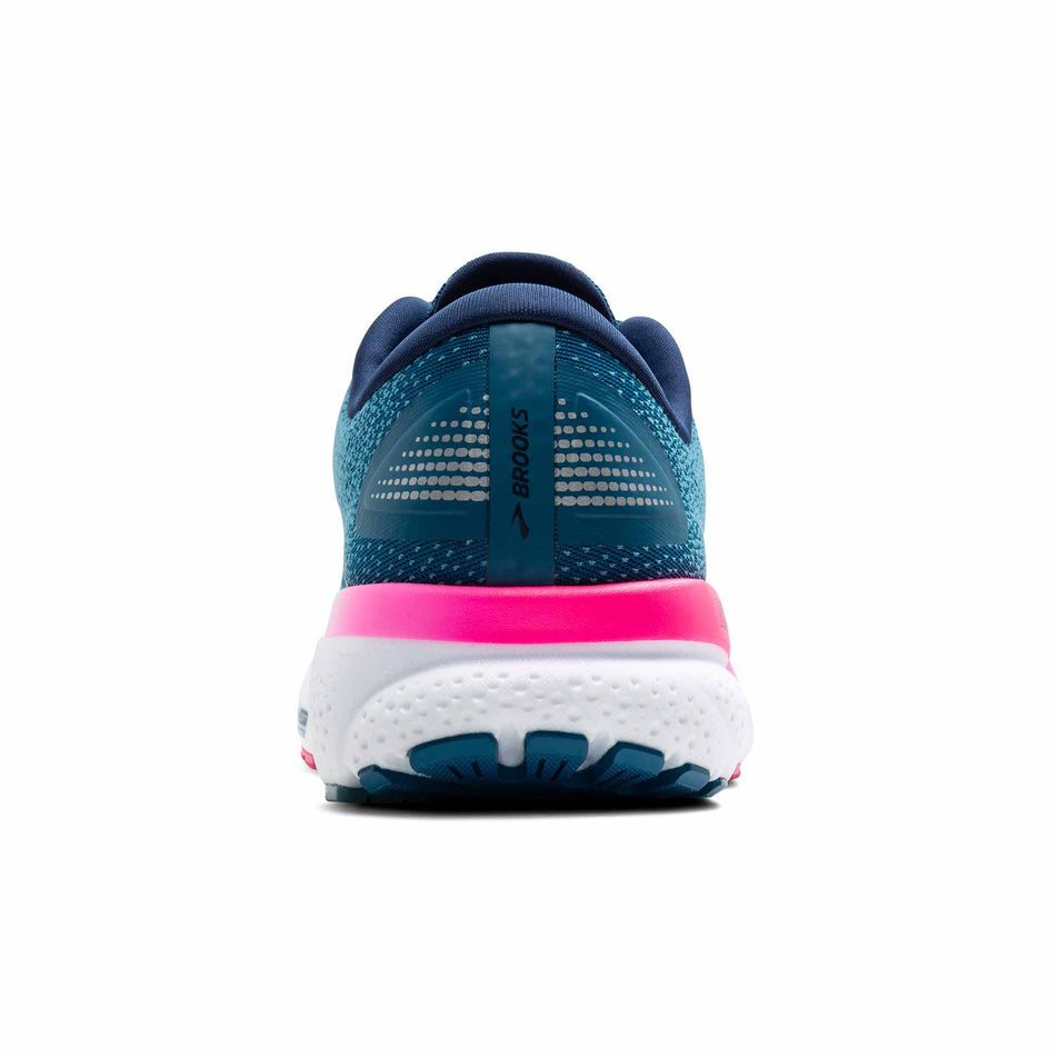 Back of the right shoe from a pair of Brooks Women's Ghost 16 Running Shoes in the Moroccan Blue/Pink/Yellow colourway.  (8472847024290)