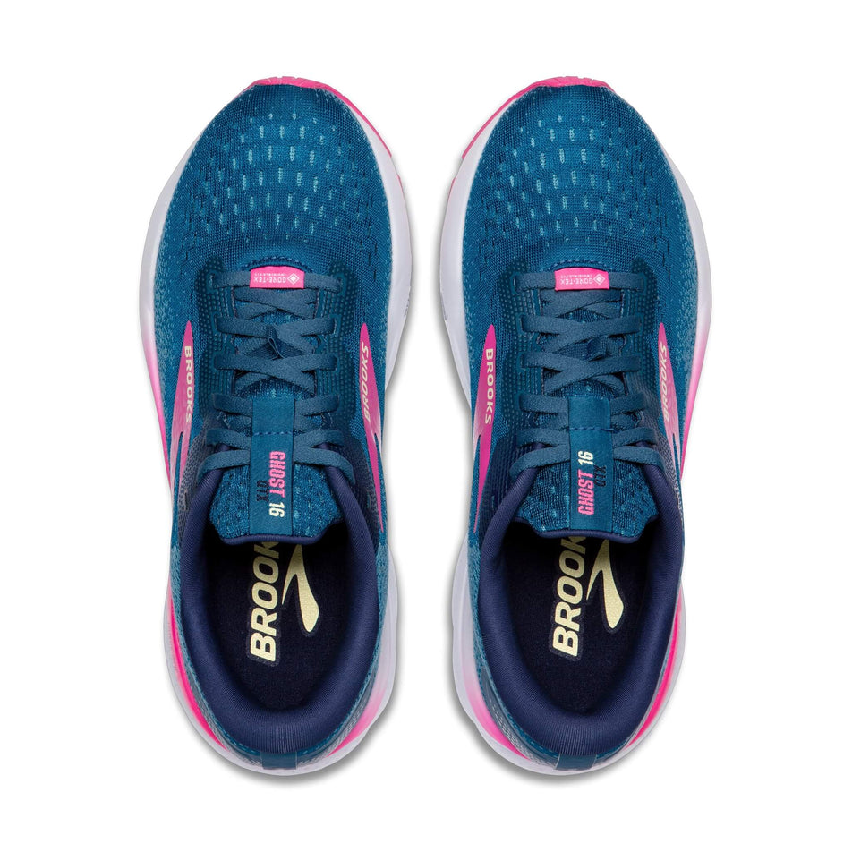 The uppers on a pair of Brooks Women's Ghost 16 Running Shoes in the Moroccan Blue/Pink/Yellow colourway. (8472847024290)