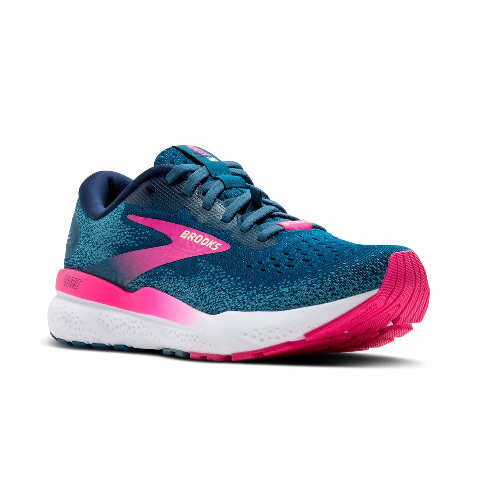 Lateral side of the right shoe from a pair of Brooks Women's Ghost 16 Running Shoes in the Moroccan Blue/Pink/Yellow colourway.  (8472847024290)