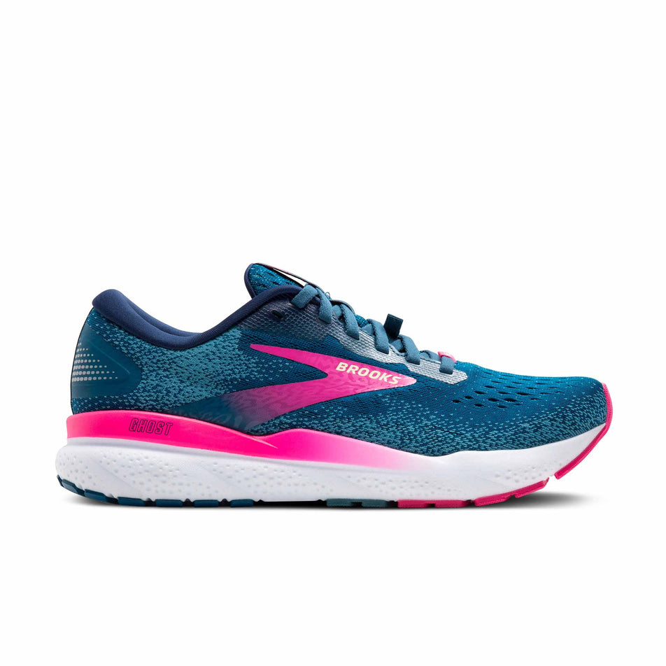 Lateral side of the right shoe from a pair of Brooks Women's Ghost 16 Running Shoes in the Moroccan Blue/Pink/Yellow colourway.  (8472847024290)