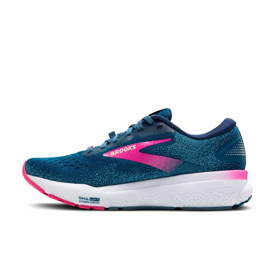 Medial side of the right shoe from a pair of Brooks Women's Ghost 16 Running Shoes in the Moroccan Blue/Pink/Yellow colourway.  (8472847024290)