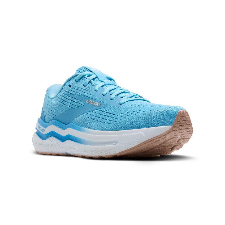 Lateral side of the right shoe from a pair of Brooks Women's Ghost Max 2 Running Shoes in the Baltic Sea/Bonnie Blue/Peach colourway. (8550543098018)