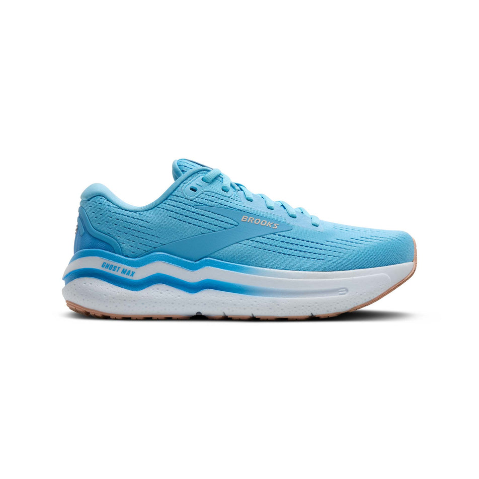 Lateral side of the right shoe from a pair of Brooks Women's Ghost Max 2 Running Shoes in the Baltic Sea/Bonnie Blue/Peach colourway. (8550543098018)