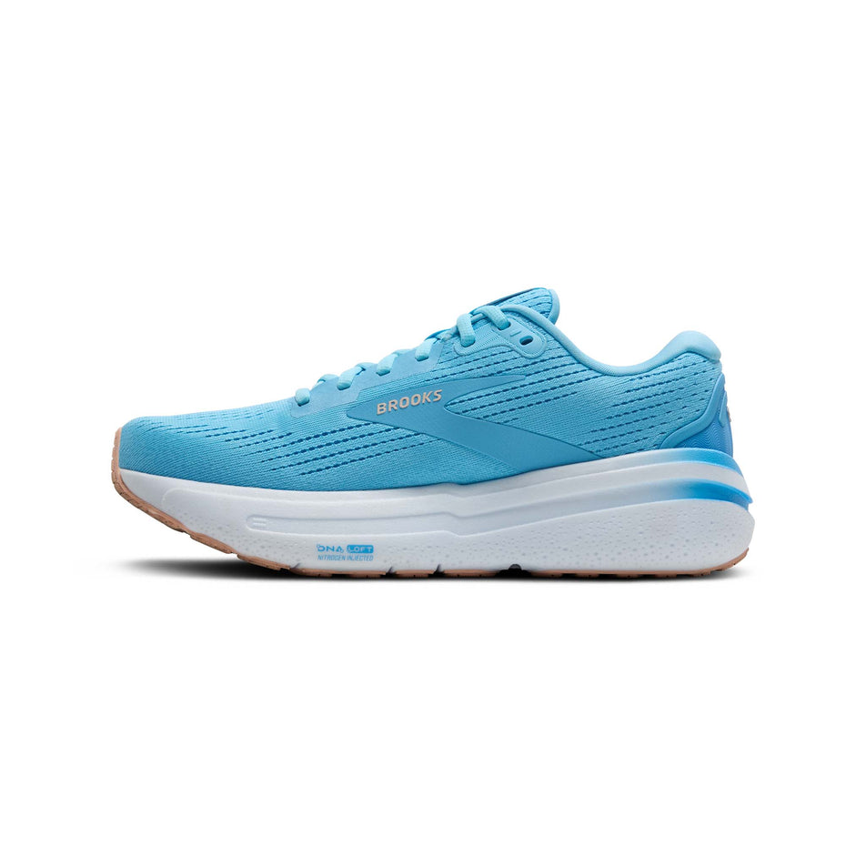 Medial side of the right shoe from a pair of Brooks Women's Ghost Max 2 Running Shoes in the Baltic Sea/Bonnie Blue/Peach colourway. (8550543098018)