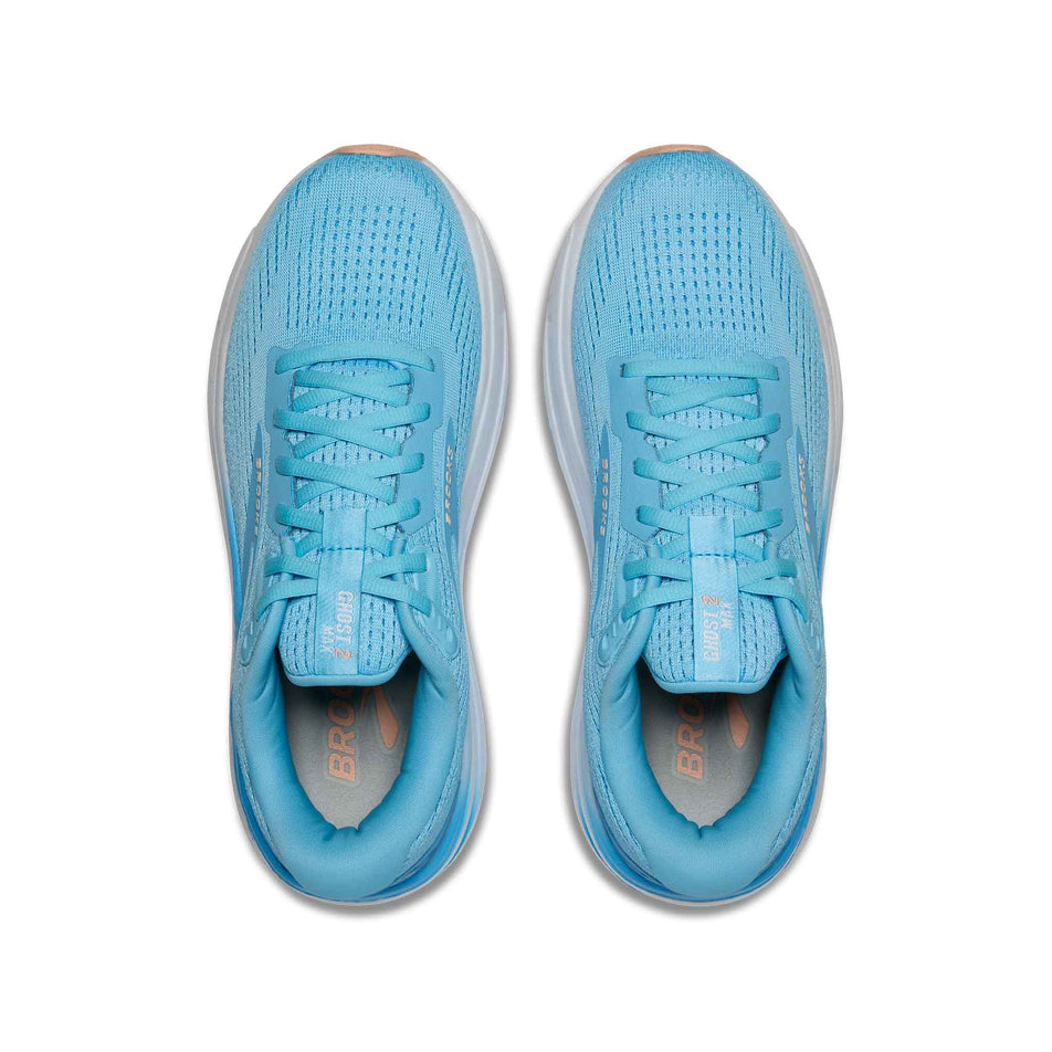 The uppers on a pair of Brooks Women's Ghost Max 2 Running Shoes in the Baltic Sea/Bonnie Blue/Peach colourway. (8550543098018)