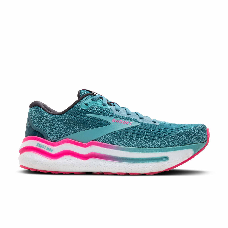 Lateral side of the right shoe from a pair of Brooks Women's Ghost Max 2 Running Shoes in the Storm Blue/Knockout Pink/Aqua colourway (8454602129570)