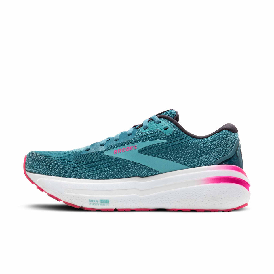 Medial side of the right shoe from a pair of Brooks Women's Ghost Max 2 Running Shoes in the Storm Blue/Knockout Pink/Aqua colourway (8454602129570)