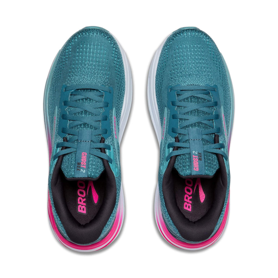 The uppers on a pair of Brooks Women's Ghost Max 2 Running Shoes in the Storm Blue/Knockout Pink/Aqua colourway (8454602129570)