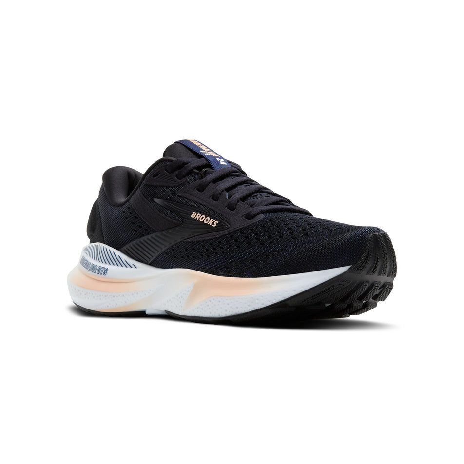 Lateral side of the right shoe from a pair of Brooks Women's Adrenaline GTS 24 Running Shoes in the Black/Peach/Peacoat colourway. (8526865498274)