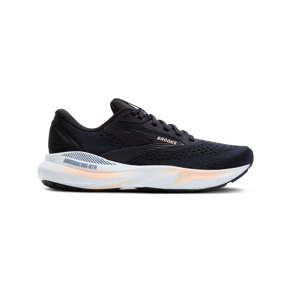 Lateral side of the right shoe from a pair of Brooks Women's Adrenaline GTS 24 Running Shoes in the Black/Peach/Peacoat colourway. (8526865498274)