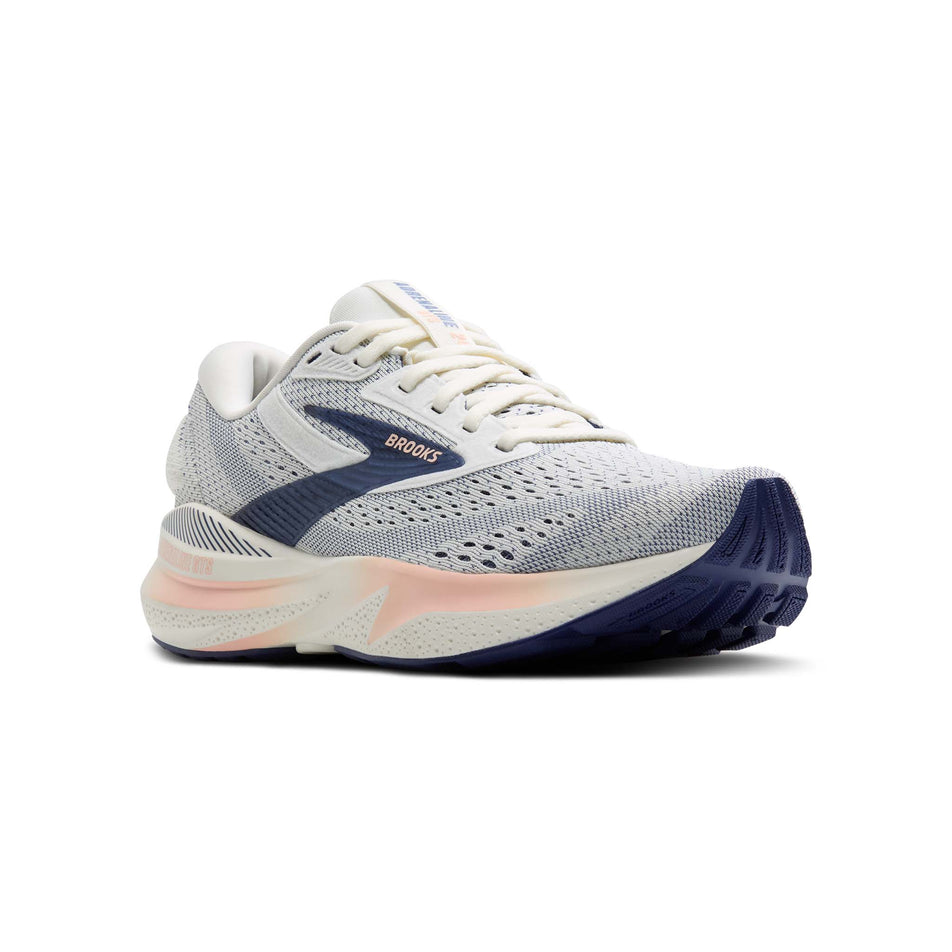 Lateral side of the right shoe from a pair of Brooks Women's Adrenaline GTS 24 1D Running Shoes in the Grey/Blue Ribbon/Peach colourway. (8526870413474)