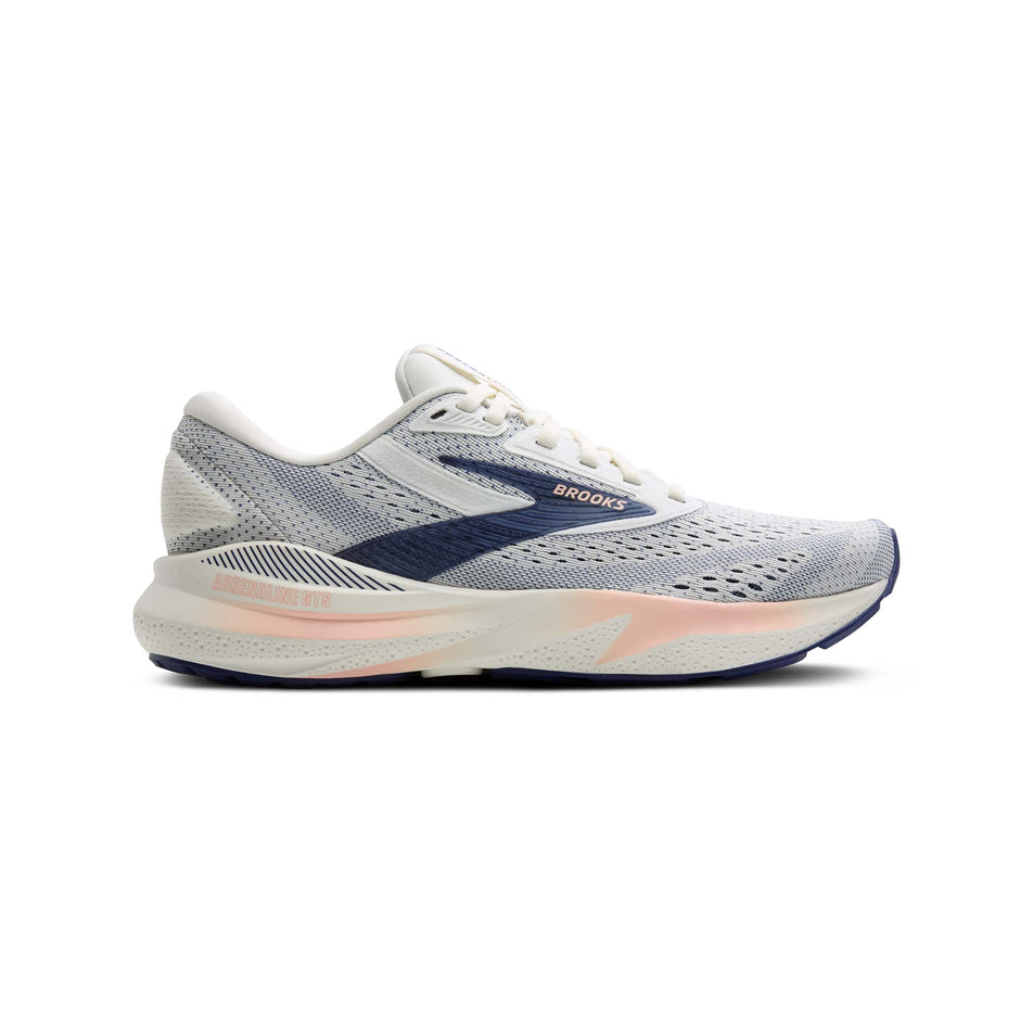 Lateral side of the right shoe from a pair of Brooks Women's Adrenaline GTS 24 1D Running Shoes in the Grey/Blue Ribbon/Peach colourway. (8526870413474)