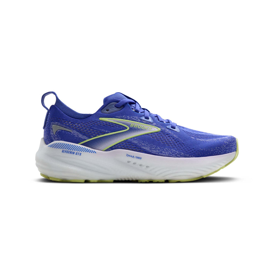 Lateral view of the right shoe from a pair of Brooks Women's Glycerin GTS 22 Running Shoes in the Amparo Blue/Hyper Iris/Yellow colourway. (8556639813794)