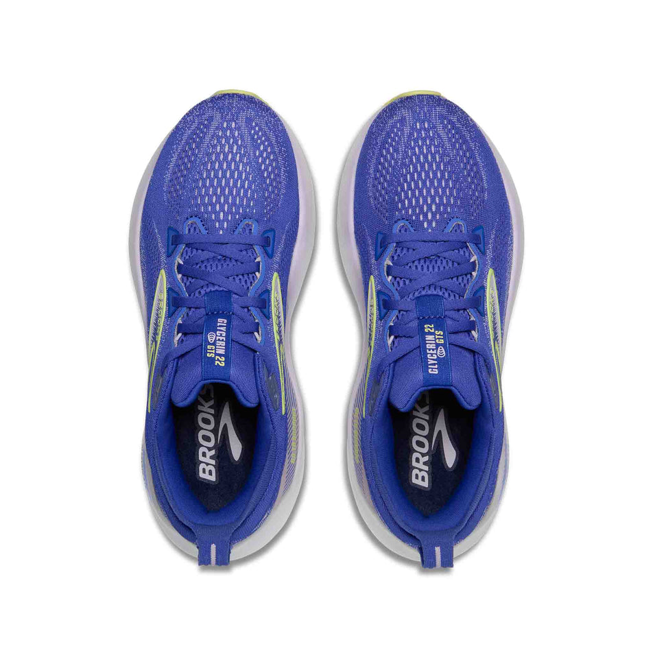 The uppers of a pair of Brooks Men's Brooks Women's Glycerin GTS 22 Running Shoes in the Amparo Blue/Hyper Iris/Yellow colourway. (8556639813794)