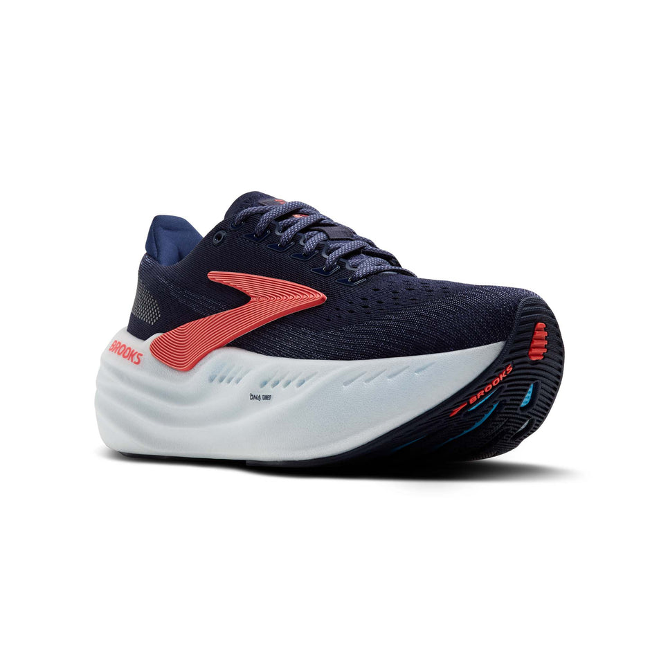 Lateral side of the right shoe from a pair of Brooks Women's Glycerin Max Running Shoes in the Peacoat/Blue Ribbon/Hot Coral colourway. (8556057755810)