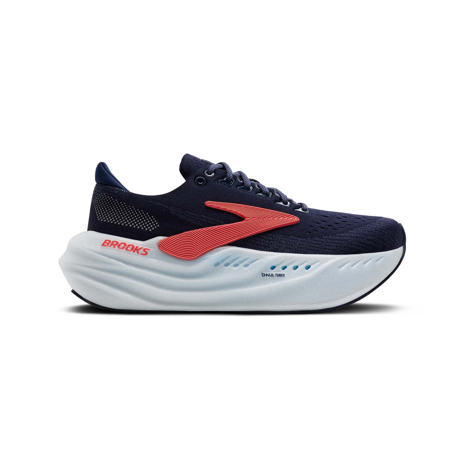 Lateral view of the right shoe from a pair of Brooks Women's Glycerin Max Running Shoes in the Peacoat/Blue Ribbon/Hot Coral colourway. (8556057755810)