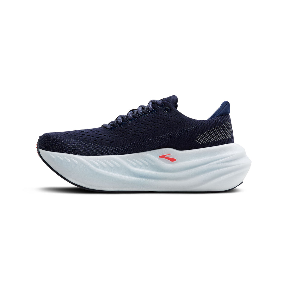 Medial view of the right shoe from a pair of Brooks Women's Glycerin Max Running Shoes in the Peacoat/Blue Ribbon/Hot Coral colourway. (8556057755810)