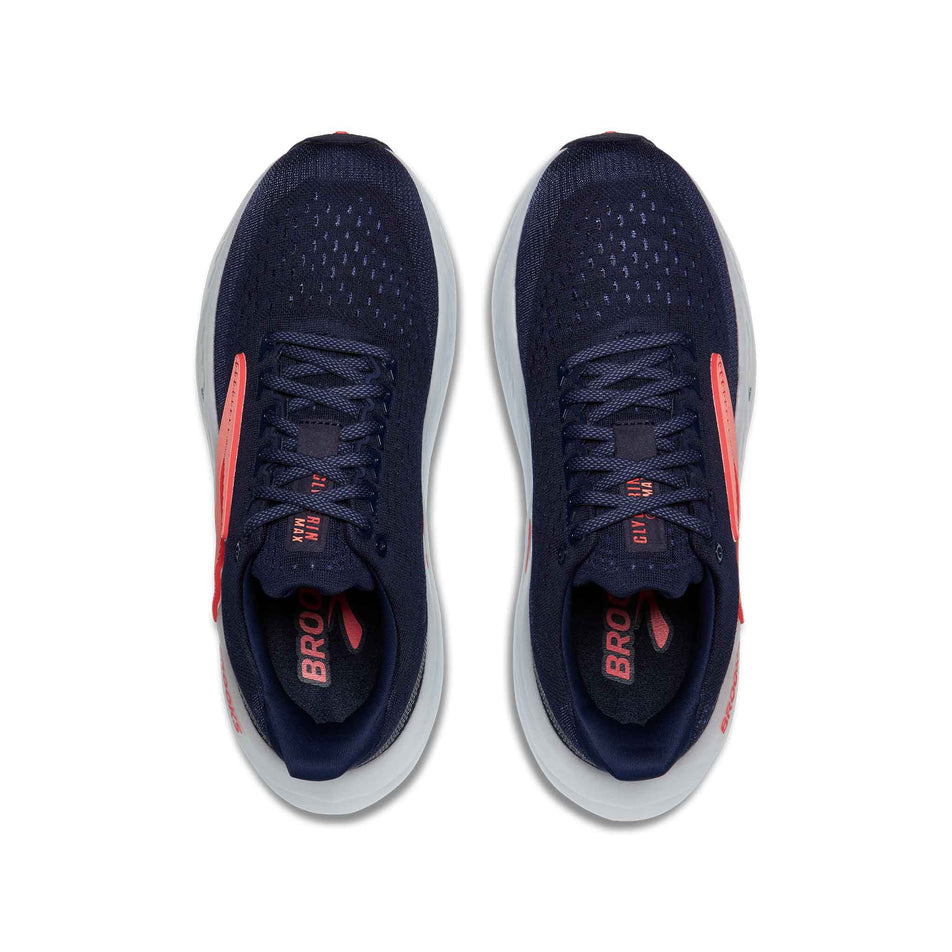 The uppers of a pair of Brooks Women's Glycerin Max Running Shoes in the Peacoat/Blue Ribbon/Hot Coral colourway. (8556057755810)