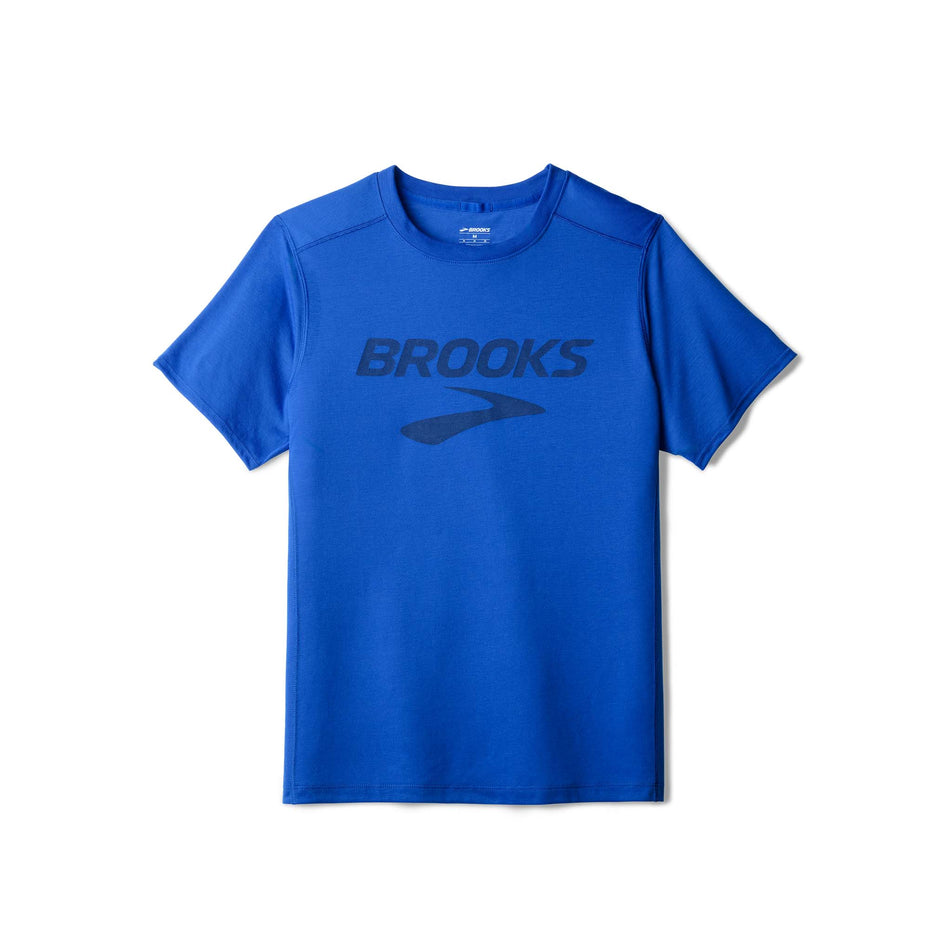 Front view of the Brooks Men's Distance Short Sleeve 3.0 in the Neo Blue/Brooks Logo colourway. (8575020662946)