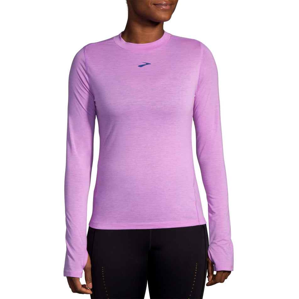 Front view of model wearing a Brooks Women's High Point Long Sleeve Top in the Bright Purple colourway (8037740609698)