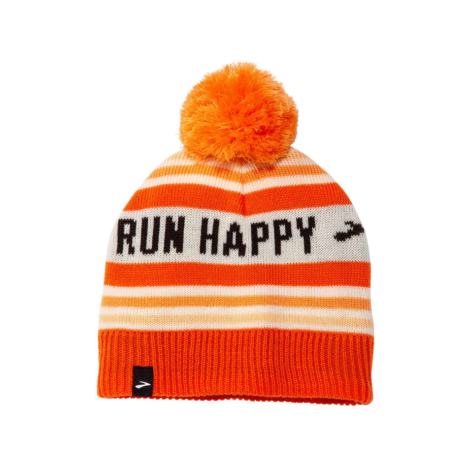 Front view of the Brooks Unisex Heritage Pom Beanie in the Fluoro Flash Run Happy colourway.  (8511194333346)