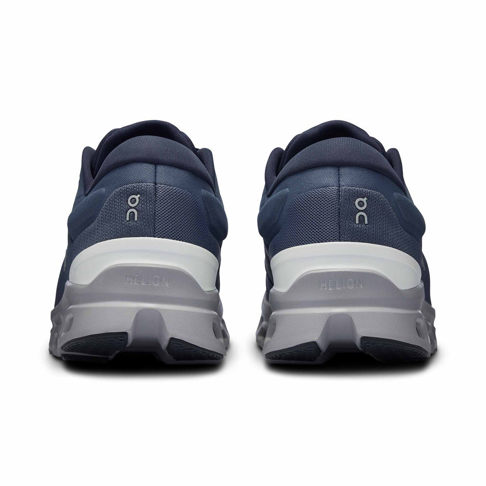 The back of a pair of On Men's Cloudstratus 3 Running Shoes in the Metal/Glacier colourway (8444775596194)