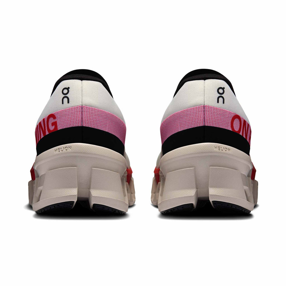 The back of a pair of On Men's Cloudmonster 2 Running Shoes in the Ivory/Silver colourway. (8577858732194)