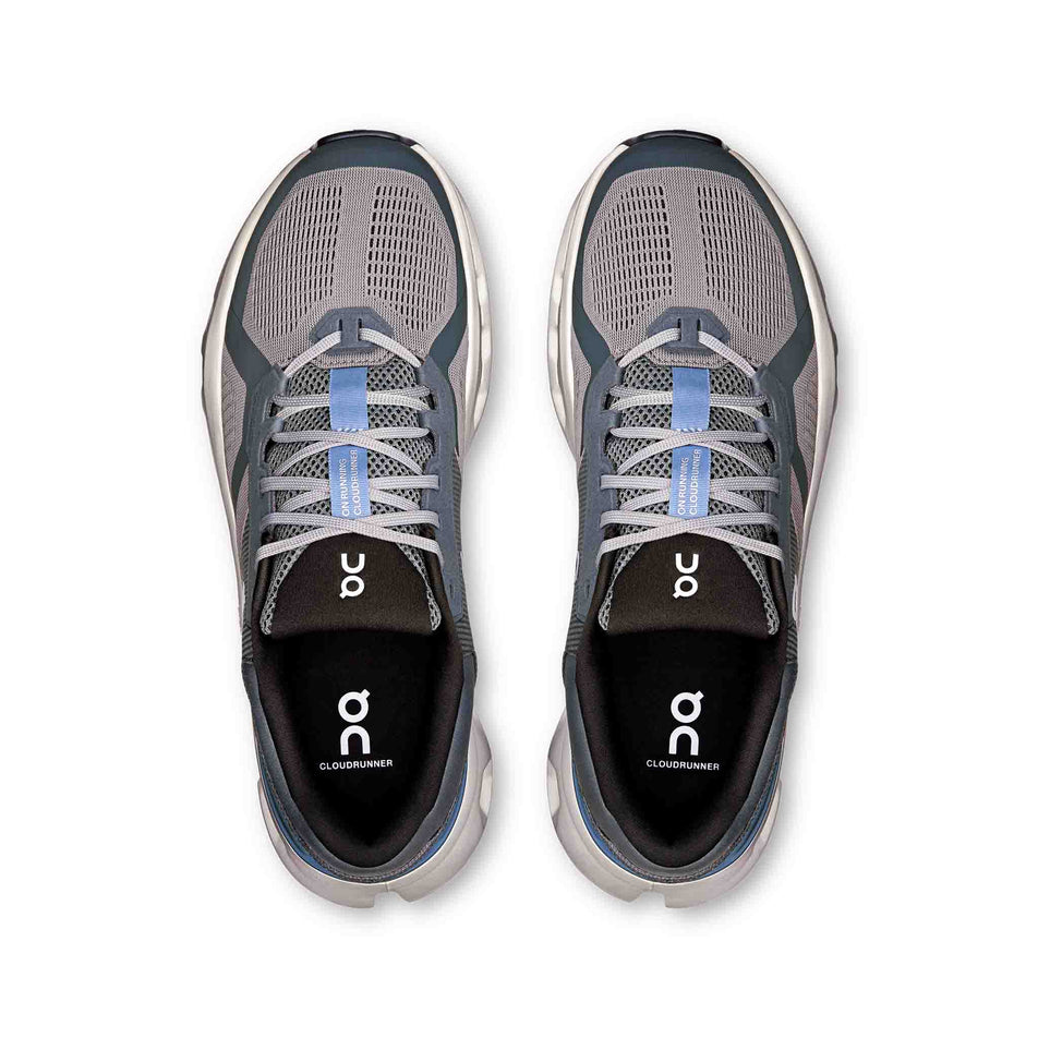 The upper on a pair of On Men's Cloudrunner 2 Running Shoes in the Alloy/Chambray colourway (8562835390626)