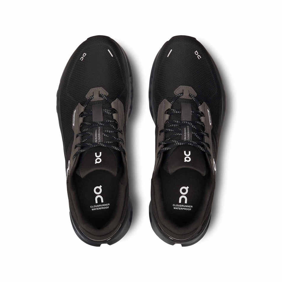 The uppers on a pair of On Men's Cloudrunner 2 Waterproof Running Shoes in the Magnet/Black colourway. (8534537633954)