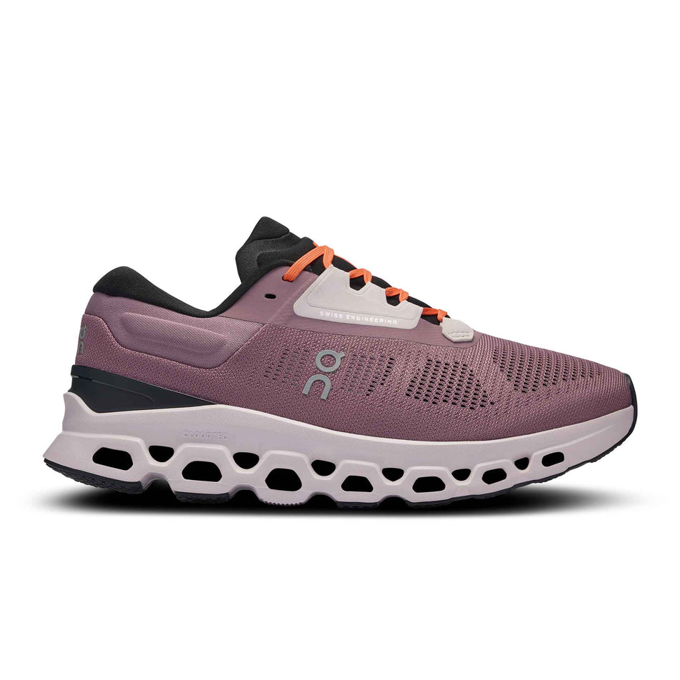 Lateral side of the right shoe from a pair of On Women's Cloudstratus 3 Running Shoes in the Quartz/Lily colourway (8444731457698)