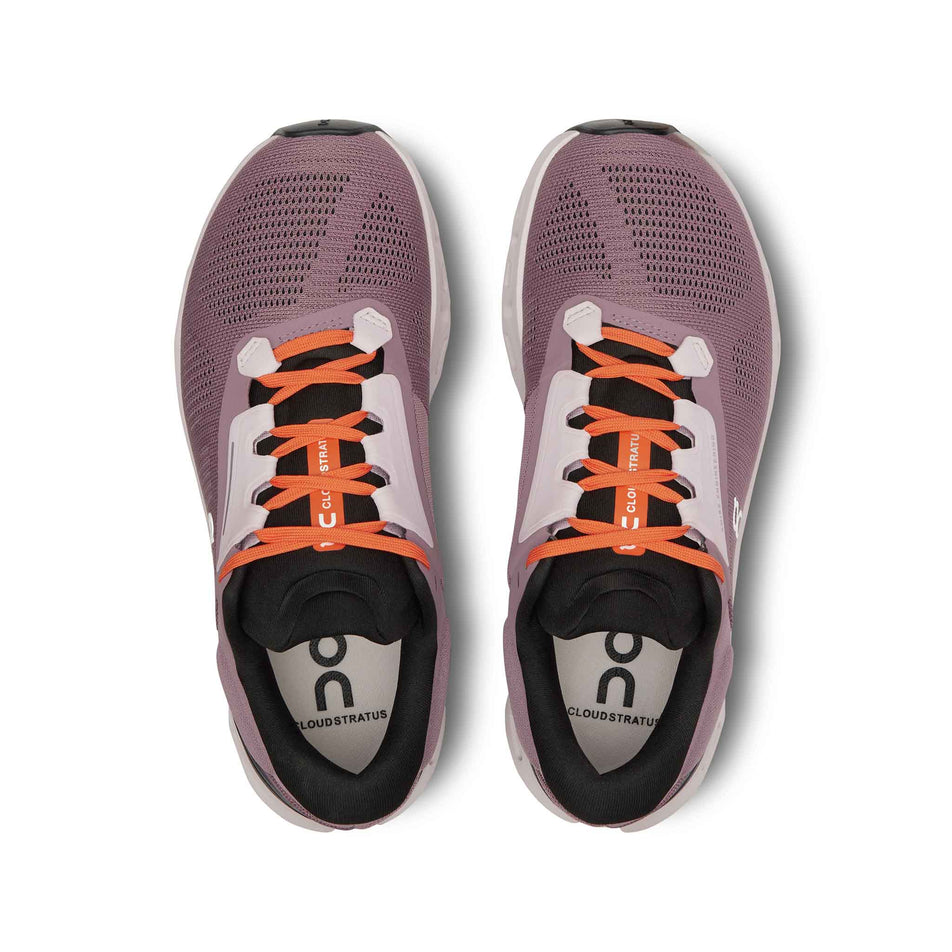 The uppers on a pair of On Women's Cloudstratus 3 Running Shoes in the Quartz/Lily colourway (8444731457698)