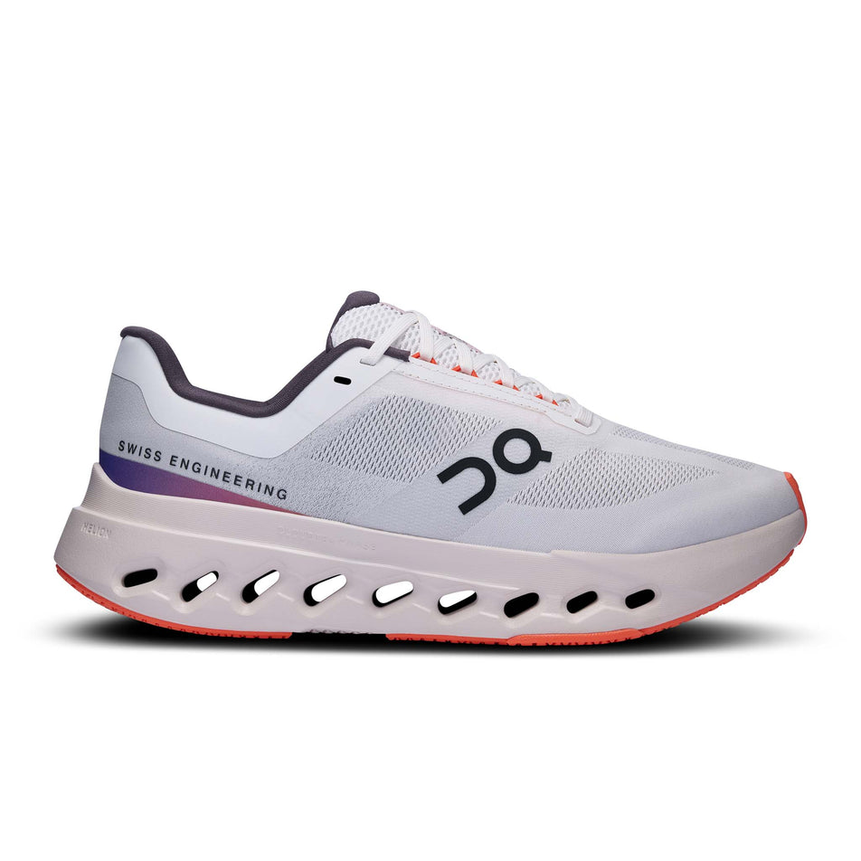 Lateral side of the right shoe from a pair of On Women's Cloudsurfer Next Running Shoes in the White/Flame colourway (8444679520418)